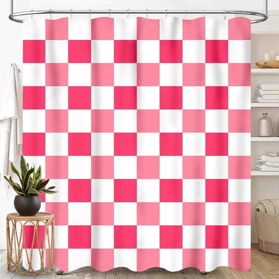 Pink Checkered Shower Curtain for Bathroom, Retro 70s Funky Hippie Aesthetic Groovy Modern Checkboard Cute Colorful Bright Rustic Waterproof Fabric Shower Curtain Set with Hooks, 72"x78" Inch