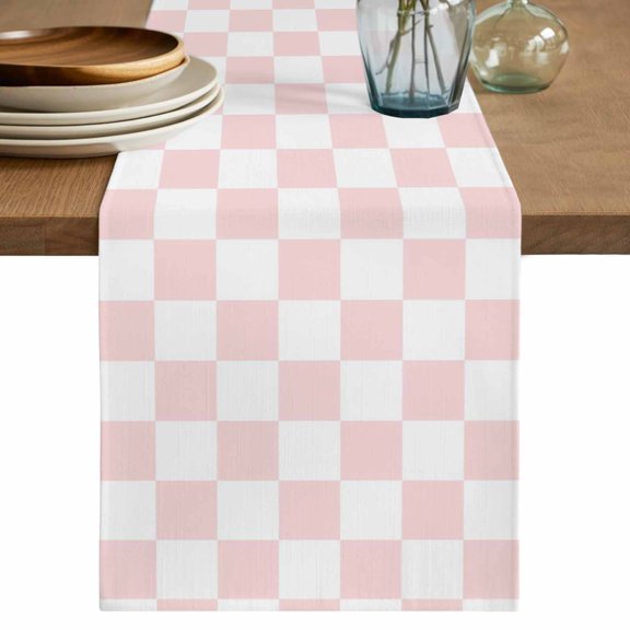 Pink Checkered Table Runner 36 Inches Long, Kitchen Dining Table Decoration, Geometric Pink Buffalo Plaid Coffee Tablerunner Dress Scarves Farmhouse Décor for Party, Holiday, 13 x 36