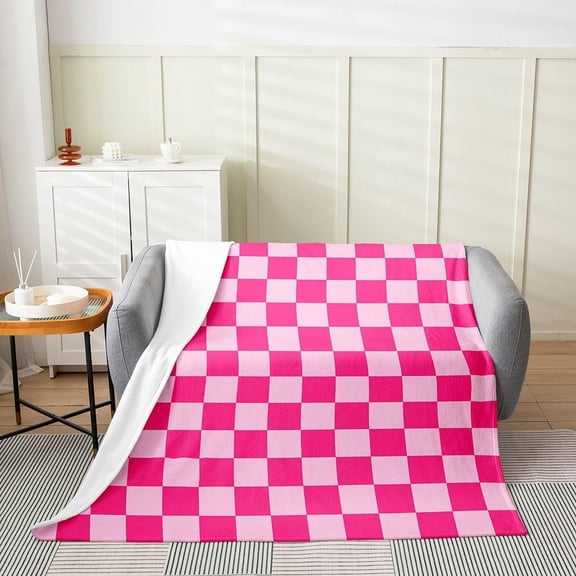 Pink Checkered Throw Blanket for Couch Sofa Bed Fluffy Soft Warm Fleece Microfiber Blanket