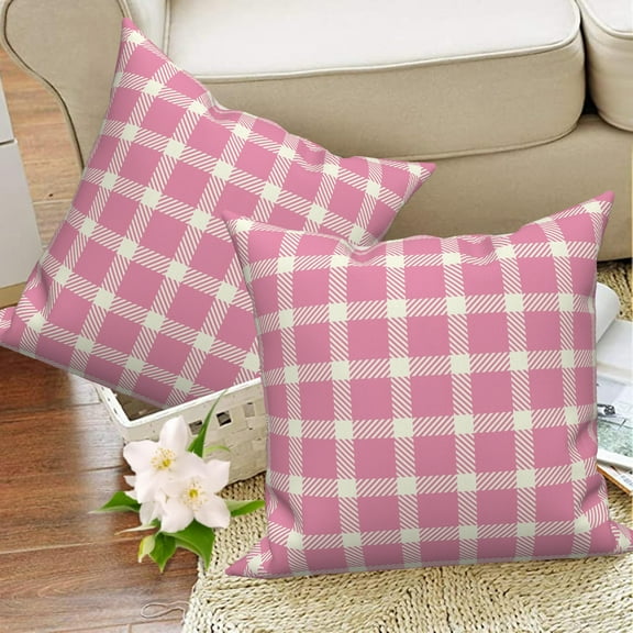 Pink Checkered Throw Pillow Covers 18x18 Set of 2,Farmhouse Plaid Gingham Linen Pillow Cases for Bedroom Sofa Couch