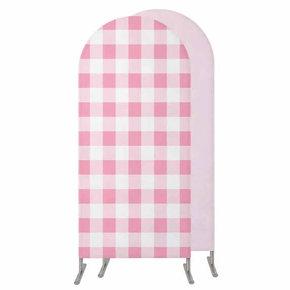 Pink Checkered Wedding Arch Cover, Stretchy Spandex Arch Backdrop Stand Covers 5 FT, Pink White Buffalo Plaid Round Top Arched Backdrop Cover for Birthday Party Ceremony Baby Shower Event