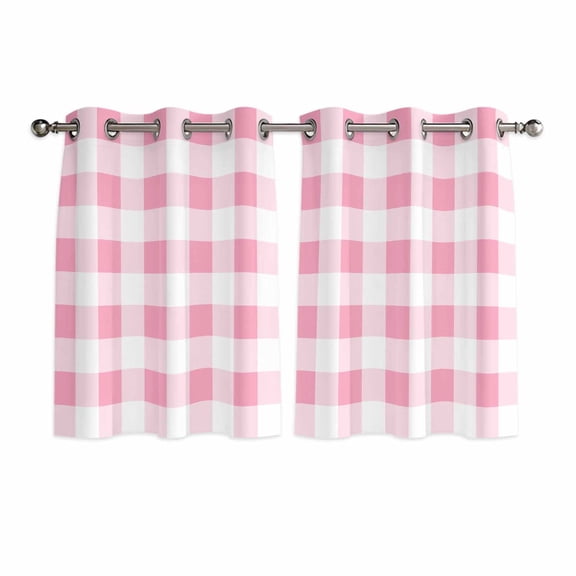 Pink Checkered Window Curtains Panels with Silver Grommet, Pink White Buffalo Plaid Kitchen Cafe Curtain Draperies Window Treatment Set for Living Room/Bedroom/Laundry Room/Bathroom/Cafe, 84x45