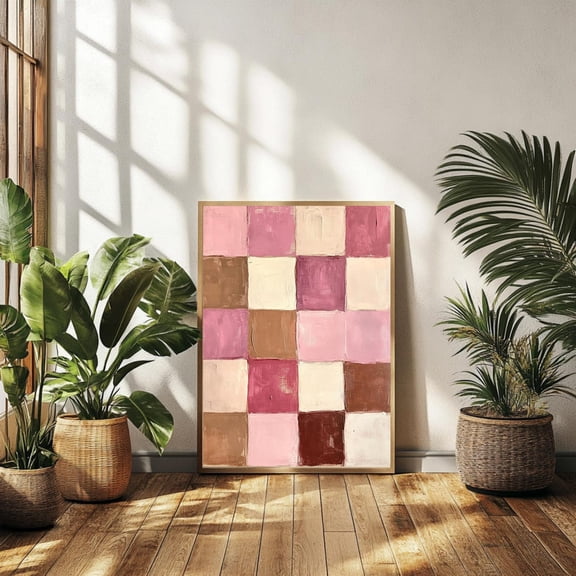 Pink Checkers Wall Art Print – Funky Candy Dopamine Decor, Retro Eclectic Maximalist Poster, Y2K Inspired Colorful Funky Artwork, Unframed Canvas Size 8x12 F03.1.22l875