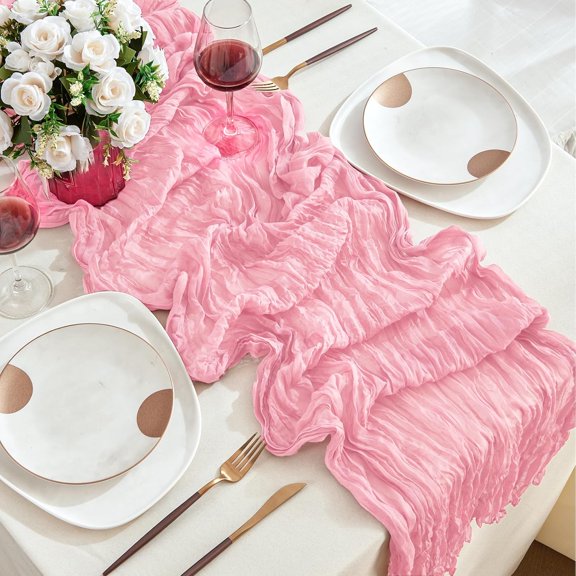 Pink Cheesecloth Table Runners, 10ft Wide Gauze Boho Table Runners for Bridal Shower Wedding Birthday Party Table Decorations