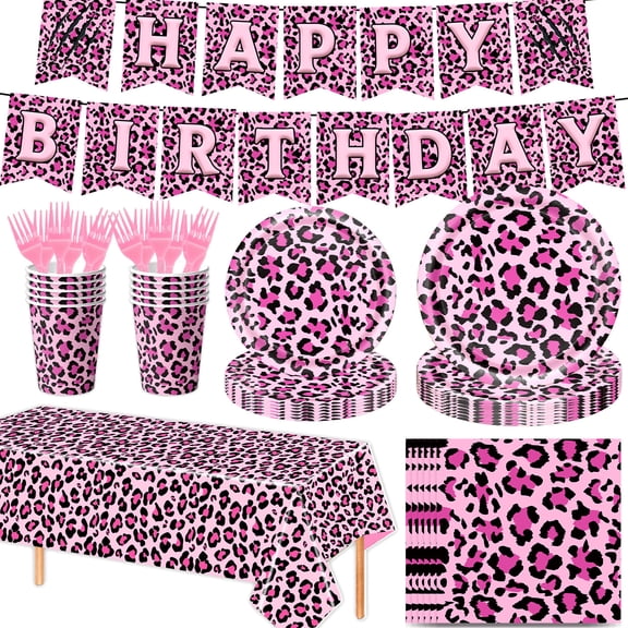 Pink Cheetah Birthday Decorations,106Pcs Cheetah Print Birthday Decorations, Pink Leopard Party Supplies Tableware Set with Plates, Cups, Napkins, Tablecloth, Banner and Cutlery ets