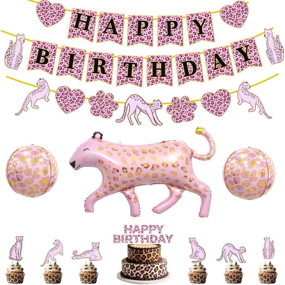 Pink Cheetah Happy Birthday Banner,Girls' Birthday Decorations, Leopard Party Decorations, Cheetah Printed Cake Cupcake Top Balloon, Jungle Safari Animal Themed Birthday Party Supplies