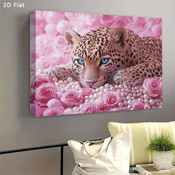 Pink Cheetah Leopard Wall Art Pink Rose Pearl Floral Glam Animal Canvas Print Framed Wall Decor for Girls Women Bedroom Living Room Nursery