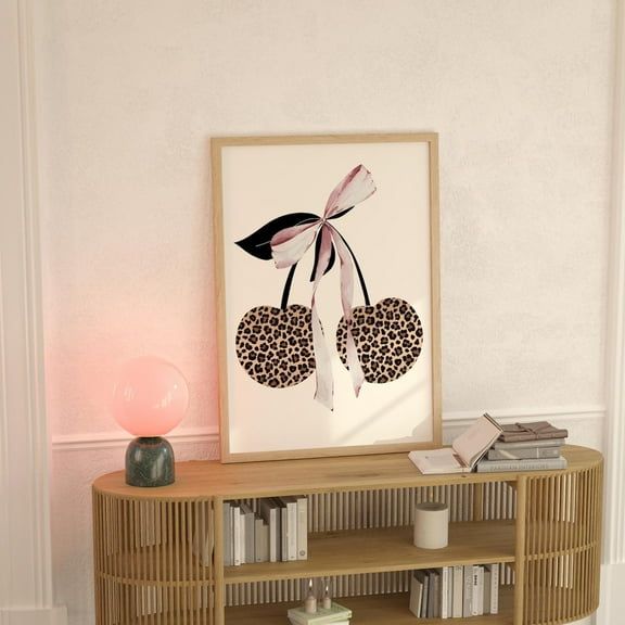 Pink Cheetah Print Cherry Wall Print Bow Trendy Retro Poster Dorm Room Wall Art Cute Leopard Girly Room Decor Girls Bedroom Wall Art, Modern Wall Decor, 24x36 UNFRAMED