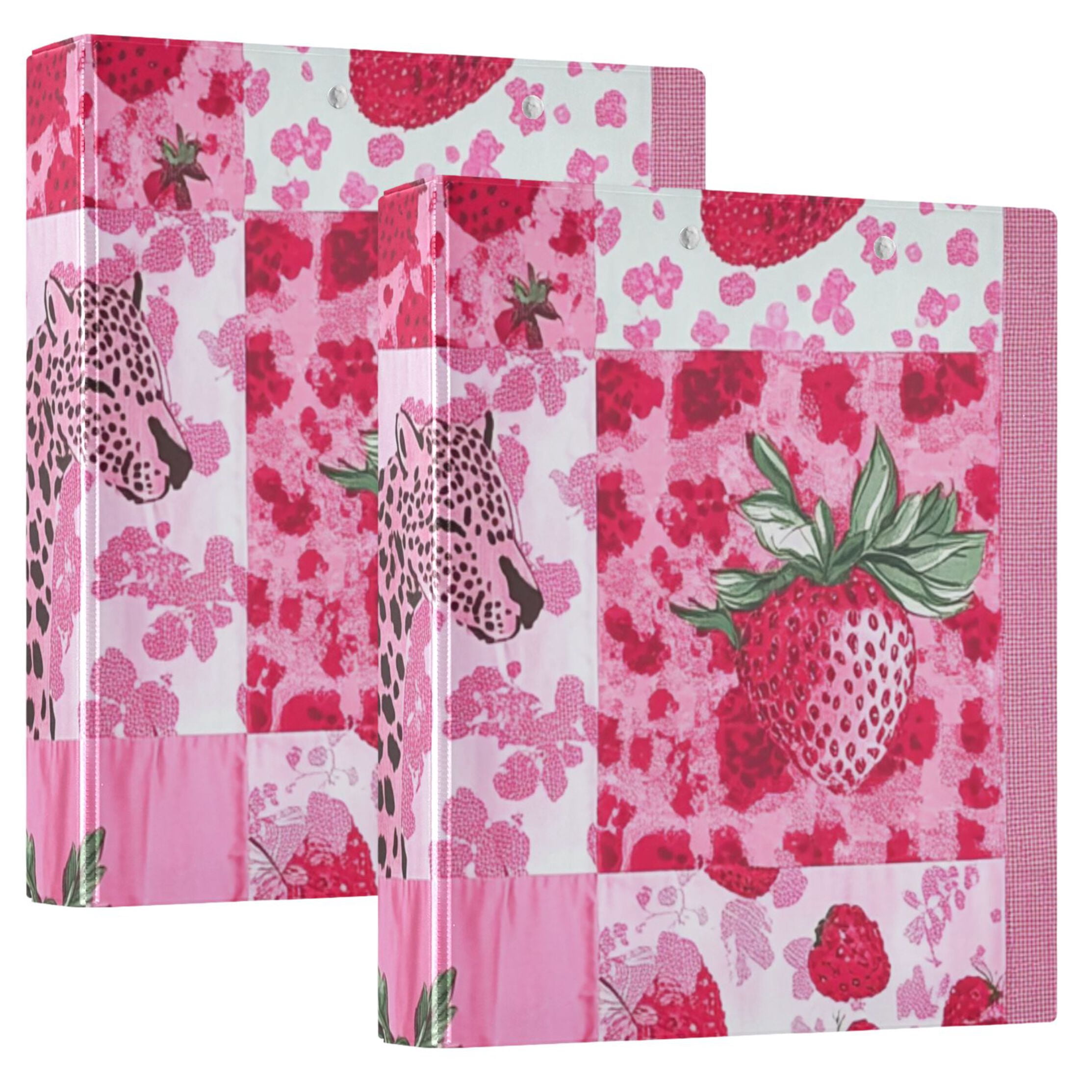 Pink Cheetah Strawberries 3 Ring Binders 1.5 inch Hardcover File Folders with Interior Pockets A4 Size Organizer for School Office Hospital
