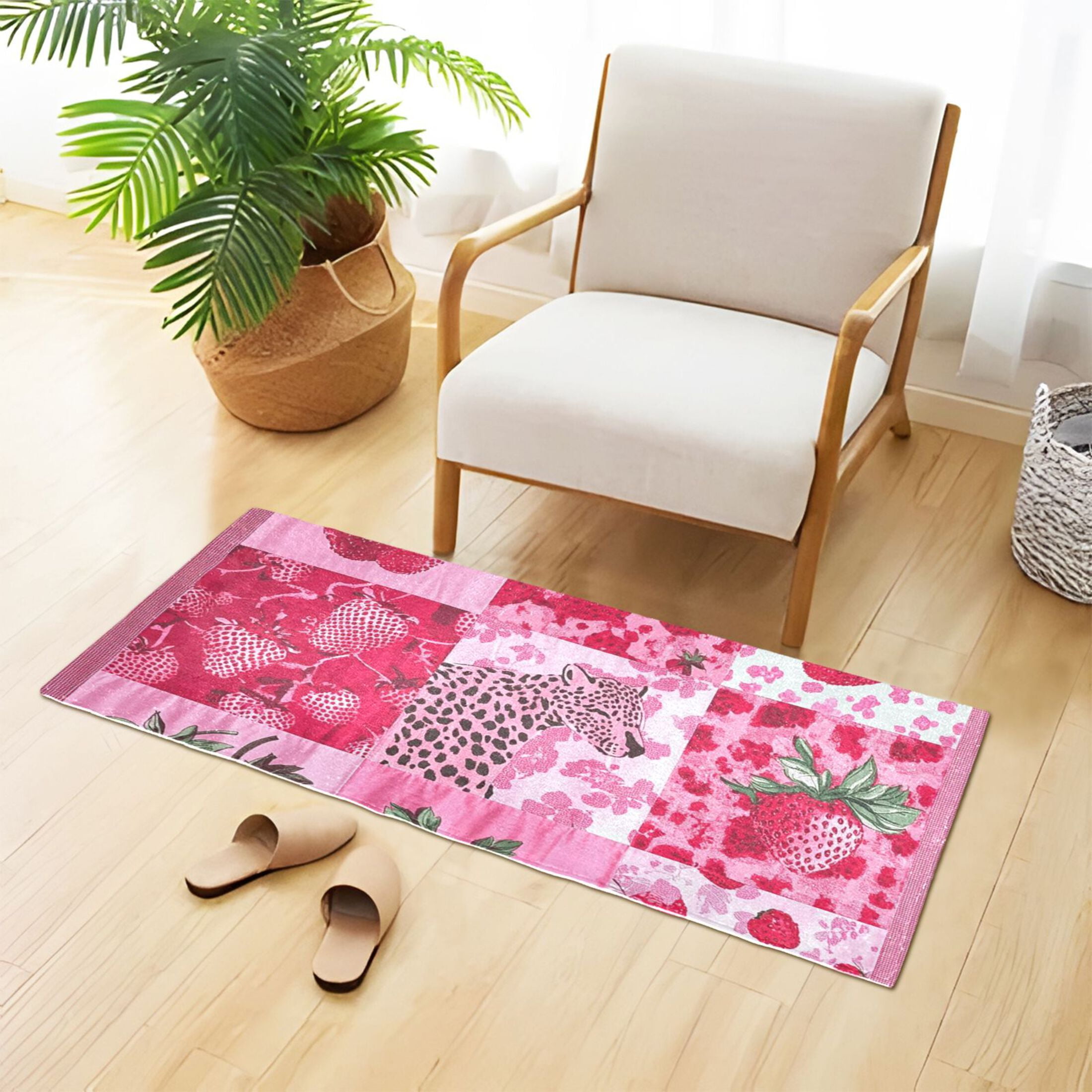 Pink Cheetah Strawberries Bathroom Rug 39x20 Non Slip Quick Dry Washable Bathroom Mats for Bedroom Living Room Kitchen