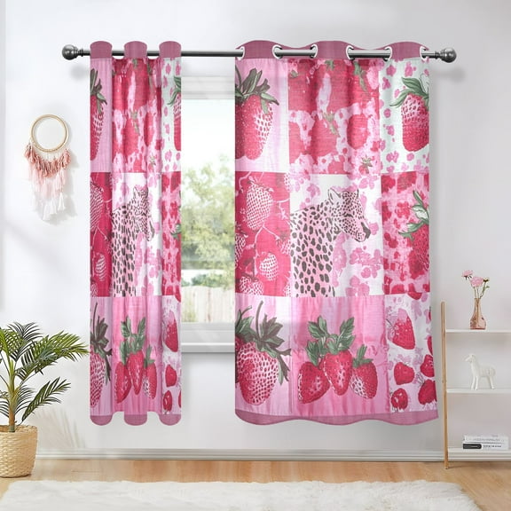 Pink Cheetah Strawberries Blackout Curtains 63 inch Length 2 Panels Window Decoration Curtains for Bedroom Living Room