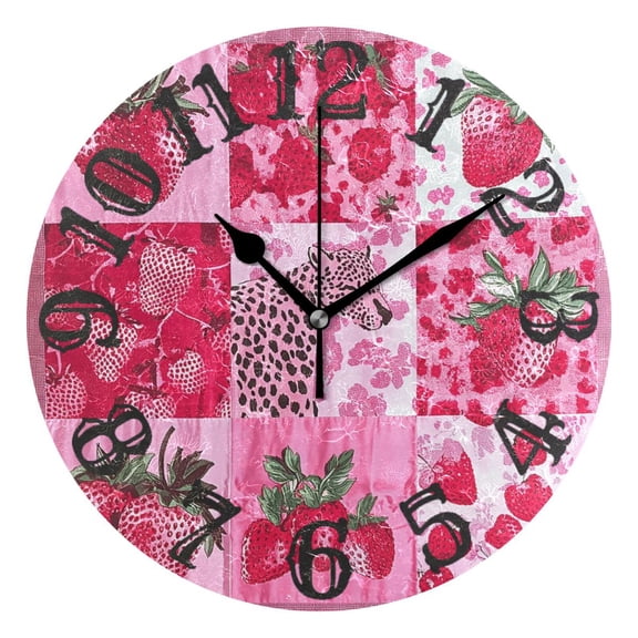 Pink Cheetah Strawberries Wall Clock 10 inch Non-Ticking Easy to Read Decorative Clocks for Home Bedroom Living Room