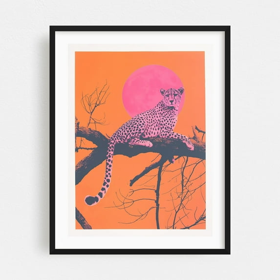 Pink Cheetah and Sunset Vibes - Illustration Wildlife Surrealism Pop Art Modern Art Animal Psychedelic Nature Black Framed Wall Art Print 9 x 12 inches
