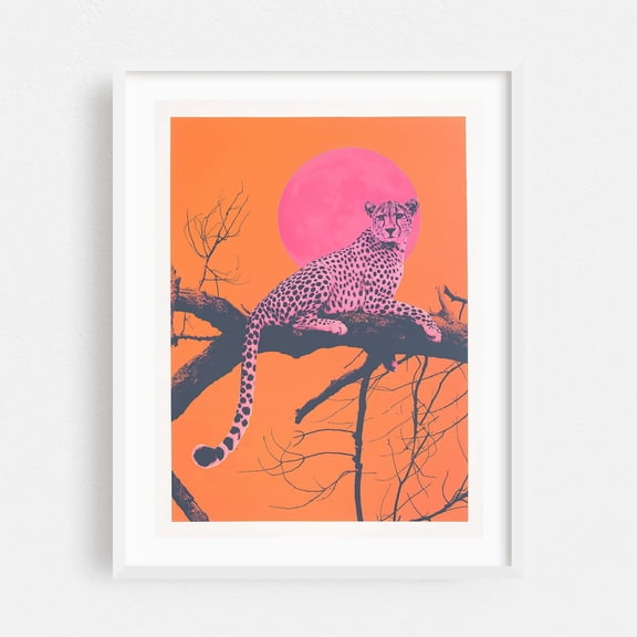 Pink Cheetah and Sunset Vibes - Illustration Wildlife Surrealism Pop Art Modern Art Animal Psychedelic Nature White Framed Wall Art Print 18 x 24 inches