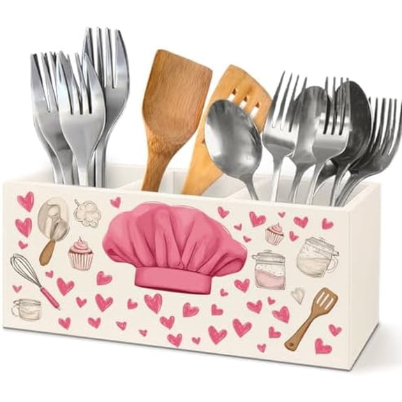 Pink Chef Hat Kitchen Utensil Holder,Cooking Gifts 3 Compartment Cooking Utensil Holder for Kitchen Counter,Pink Love heart Rustic Cooking Wooden Storage Organizer Box,3.5x7.9inch