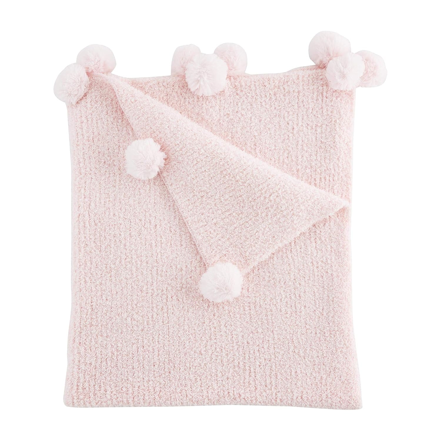 Pink Ribbed Cotton Baby Blanket with Chenille Pom-Pom Trim