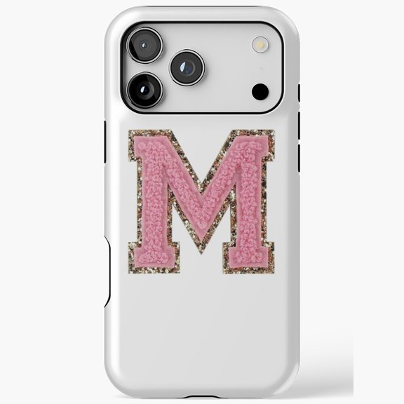 Pink Chenille Letter M ifor iPhone Case 11 through 17 Pro Max Glitter Varsity Style