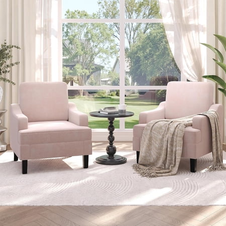 Pink Chenille Scooped Comfy Accent Armchairs Set of 2 | Sturdy wood & iron frame, Mid century modern, Easy assembly, Great for living room, bedroom or reading nook
