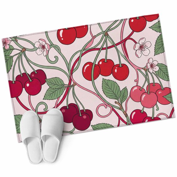 Pink Cherries Bathroom Rug Washable 2x3 Entryway Rug Non Slip Modern Farmhouse Vines Botanical Flowers Front Door Mat Low Pile Indoor Doormat Throw Floor Carpet for Kitchen Bedroom Entrance