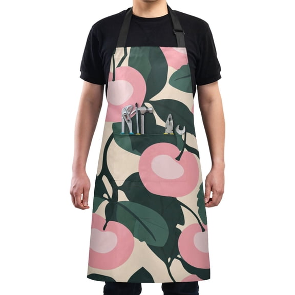 Pink Cherries Pattern Chef Kitchen Apron with Pockets for Women Waterproof Aprons for Cooking Baking