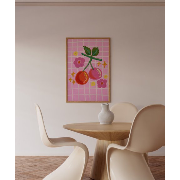 Pink Cherry Acrylic Abstract Fruit Art, Unframed Canvas 8x10in