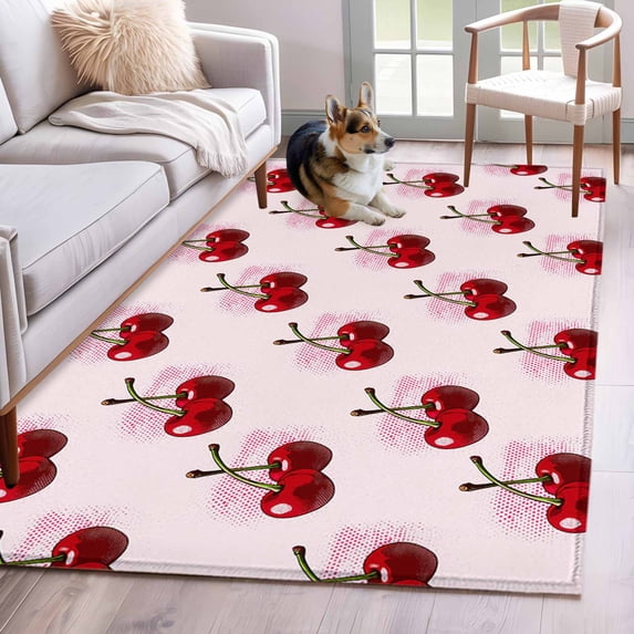 Pink Cherry Area Rugs 4'x6', Washable Small Throw Rugs for Office Bathroom, Farmhouse Watercolor Cherries Fruits Indoor Outdoor Rug Non-Slip Low Pile Carpet Runner Reversible Floor Mats