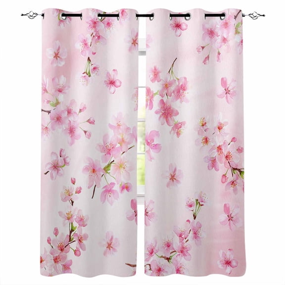 Pink Cherry Black Out Curtains 63 Inch Long, Room Darkening Draperies Curtains Panels, Spring Botanical Blossoms Flowers Floral Thermal Insulated Curtain for Bedroom Living Room 52"x63" 2 Panels