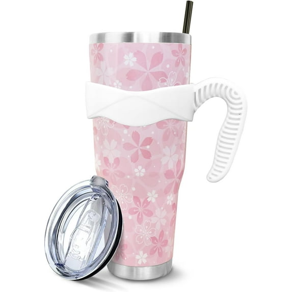 Pink Cherry Blossom 40 Oz Tumbler with Handle and Straw, Floral Large Stainless Steel Vacuum Insulated Tumbler Coffee Cup Water Bottle Travel Mug, Kawaii Cherry Blossom Gifts Decor Accessories Stuff
