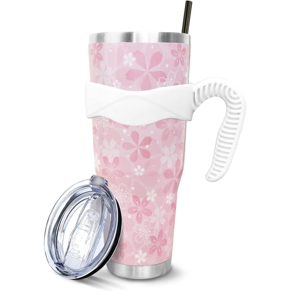 Pink Cherry Blossom 40 Oz Tumbler with Handle and Straw, Floral Large Stainless Steel Vacuum Insulated Tumbler Coffee Cup Water Bottle Travel Mug, Kawaii Cherry Blossom Gifts Decor Accessories Stuff