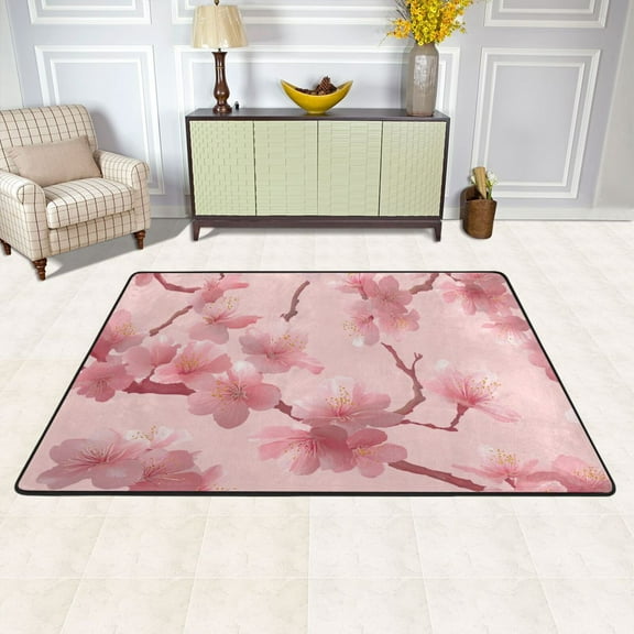 Pink Cherry Blossom Area Rug Washable 72 x 48 Floor Carpet Mat Non Slip for Bedroom Living Room Kids Room Home Decor