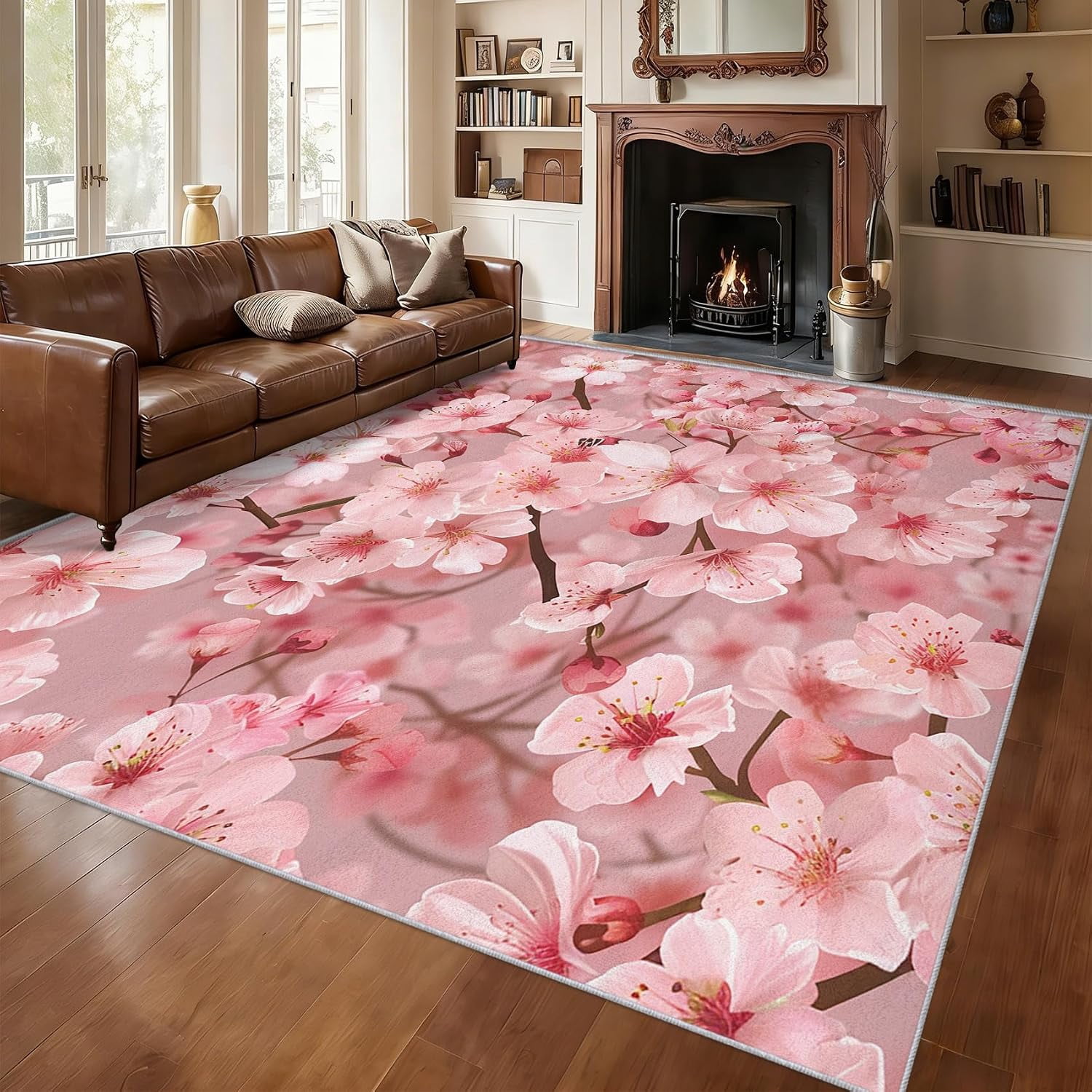 Pink Rug Room Pink Cherry Blossom Area Rugs, Pink Floral Flower Pattern Carpet ...