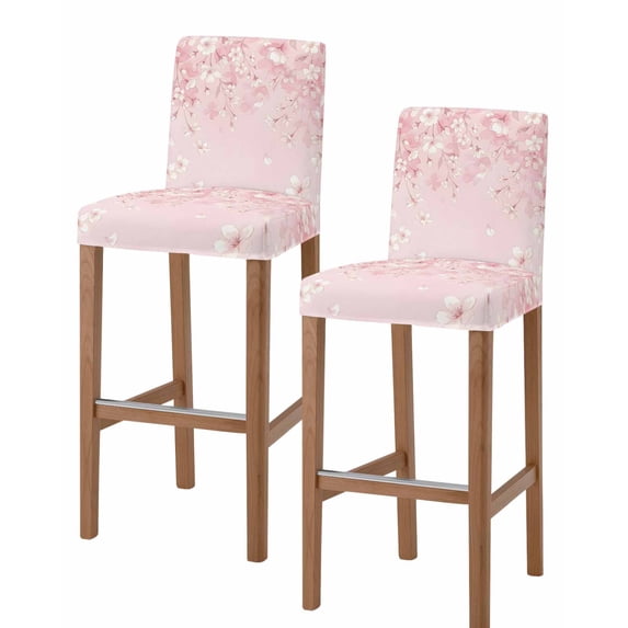Pink Cherry Blossom Bar Stool Covers Set of 2, Spring Modern Farmhouse Floral Stretch Washable Bar Chair Covers with Backs, Removable Pub Counter Height Chair Cover for Kitchen Dining Room Cafe