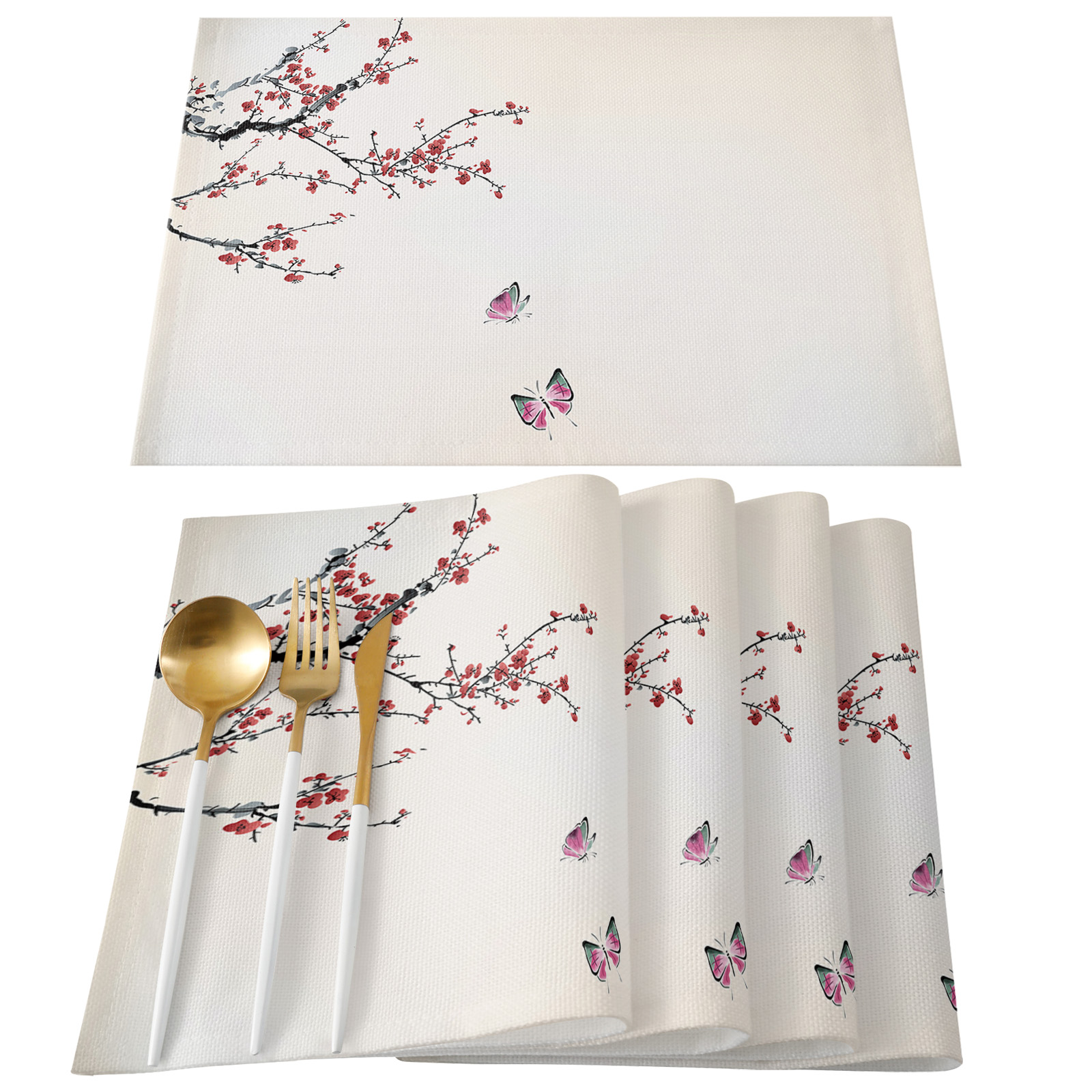 Pink Cherry Blossom Bird Ink Style Table Mat Wedding Holiday Party ...