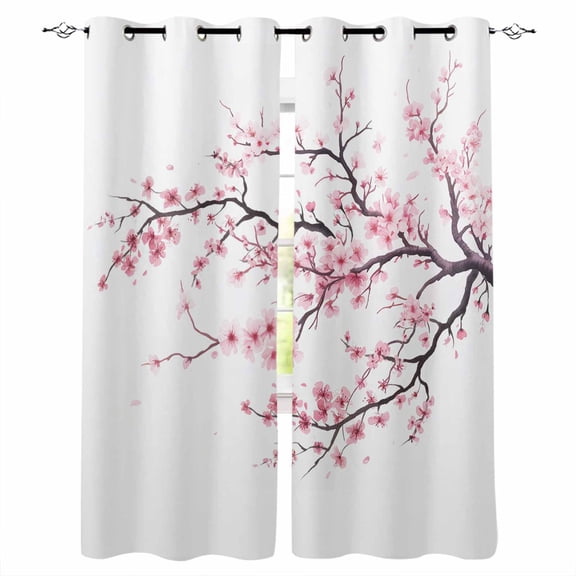 Pink Cherry Blossom Black Out Curtains 63 Inch Long, Room Darkening Draperies Curtains Panels, Spring Branches Floral Watercolor Thermal Insulated Curtain for Bedroom Living Room 52"x63" 2 Panels