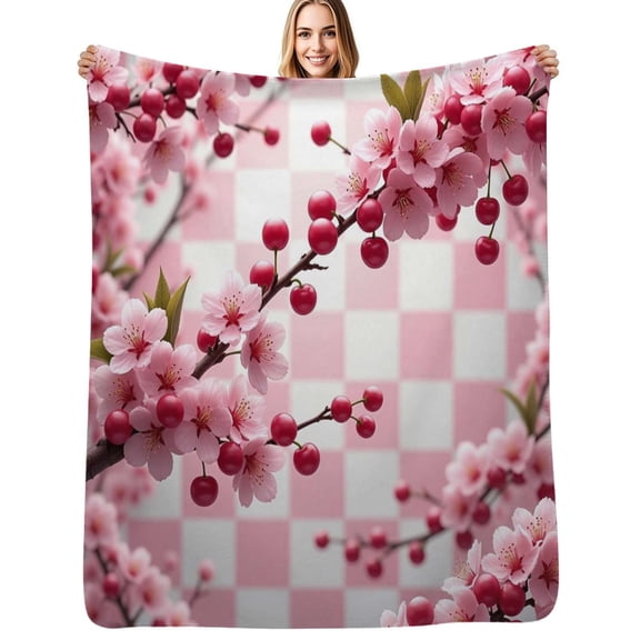 Pink Cherry Blossom Checkered Pattern Flannel Blanket Warm Soft Bedding Throws Winter Camping Chair Sofa Bed