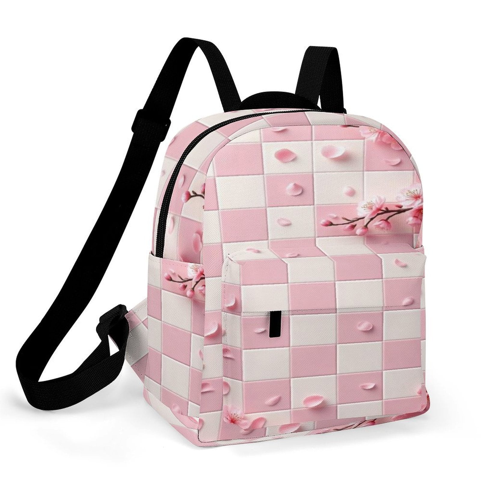 Pink Cherry Blossom Checkered Pattern Small Backpack Cute Mini ...