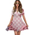 thumbnail image 1 of Pink Cherry Blossom Checkered Pattern Women Dress V-Neck Short Sleeve Flowy Swing Party Midi Dress, 1 of 4
