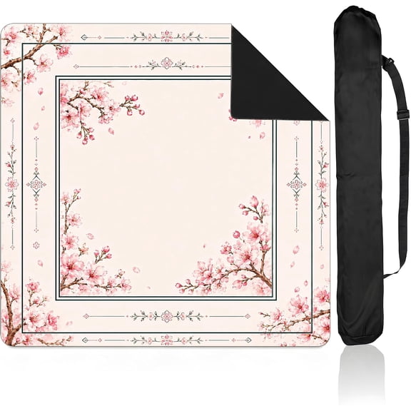 Pink Cherry Blossom Chinoiserie American Mahjong Mat with Rules, 31.5 x 31.5 Inch, Anti Slip Waterproof Table Mat with Carry Bag