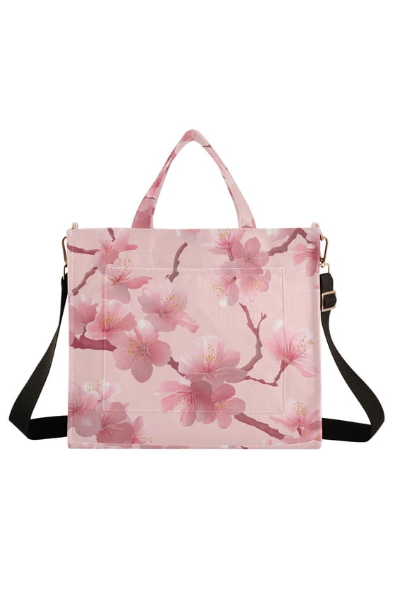 Pink Cherry Blossom Corduroy Tote Bag Handbag Large Messenger Bag Shoulder Crossbody Zipper Bag Purse
