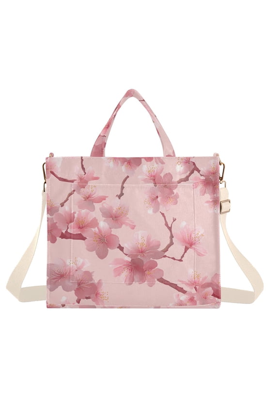 Pink Cherry Blossom Corduroy Tote Bag Handbag Large Messenger Bag Shoulder Crossbody Zipper Bag Purse