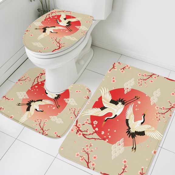 Pink Cherry Blossom Crane Bathroom Rugs Set Japanese Style Cloud Harmony Non Slip Absorbent Soft Bath Mats 3 Piece Set with Bathroom Rug, U-Shaped Floor Mat, Toilet Seat Cover Small Size