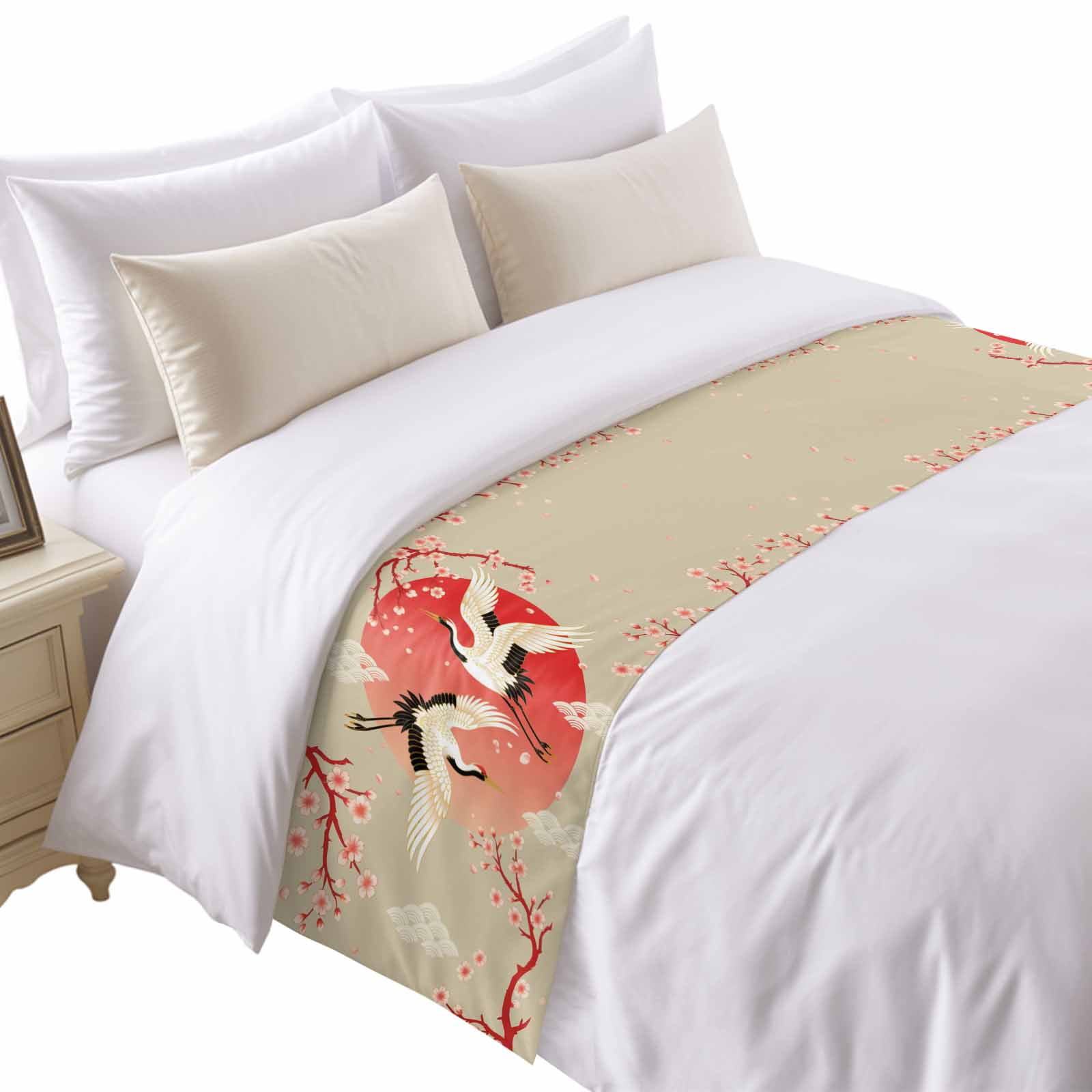 Pink Cherry Blossom Crane Bed Runner for Queen Size Bed, Japanese Style Cloud Harmony Soft Bedding Scarf Bedding Protector Slipcover Sofa Throw for Bedroom Hotel Guesthouse