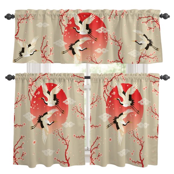 Pink Cherry Blossom Crane Kitchen Curtains Set for Windows, Japanese Style Cloud Harmony Curtains Valance and Tier 3 Piece Set Small Drapes 24 Inch Length for Kitchen Bedroom Decor