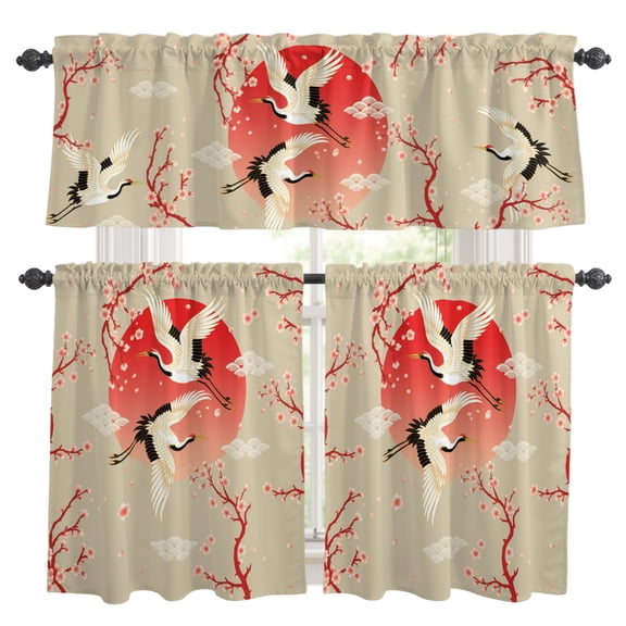 Pink Cherry Blossom Crane Kitchen Curtains Valance and Tier Set Japanese Style Cloud Harmony Rod Pocket Short Curtains for Small Window 3 Pieces Set for Bedroom Bathroom Cafe (54" x 18"+27" x 24")