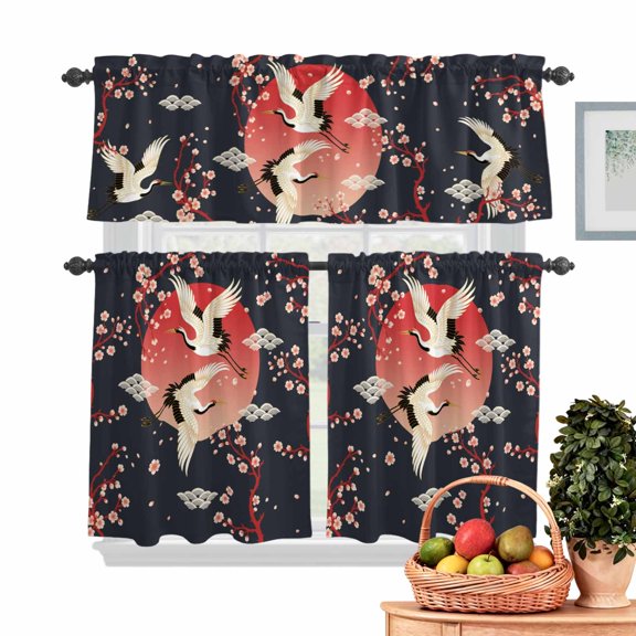 Pink Cherry Blossom Crane Kitchen Curtains Valances 3 Piece Set, Japanese Style Cloud Black Rod Pocket Tier Curtain and Valance Drapes for Small Window 24 Inch Length for Bedroom Cafe