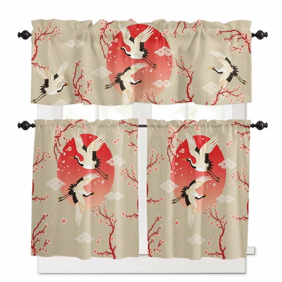 Pink Cherry Blossom Crane Kitchen Curtains Valances and Tiers Japanese Style Cloud Harmony Tier Curtains and Valance Rod Pocket Valance Curtains Set 27.5"W x 36"L, 3pcs