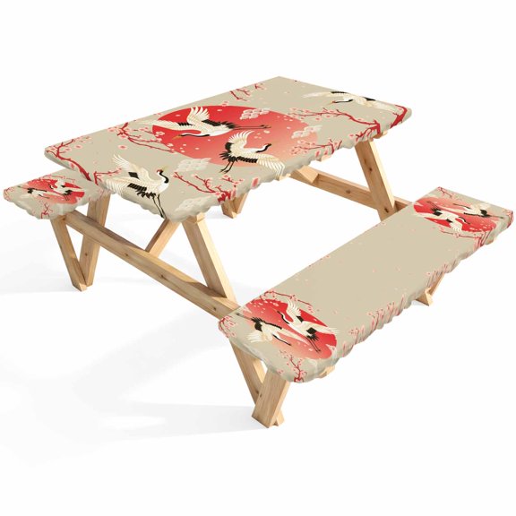 Pink Cherry Blossom Crane Picnic Table Cover with Bench Covers Japanese Style Cloud Harmony Waterproof Fitted Picnic Tablecloth 3 Pieces Set Table Cloth for Outdoor Camping Garden BBQ