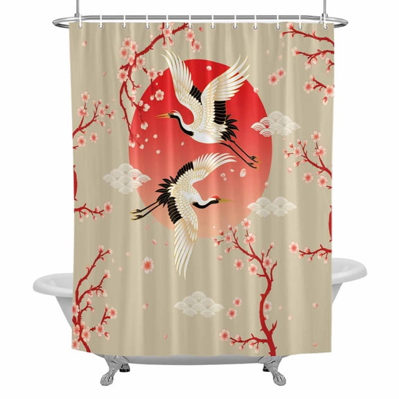 Pink Cherry Blossom Crane Shower Curtain for Bathroom, Japanese Style Cloud Harmony Waterproof Cloth Fabric Bathroom Accessories Set with 12 Rust Proof Plastic Hooks, 36"x72"