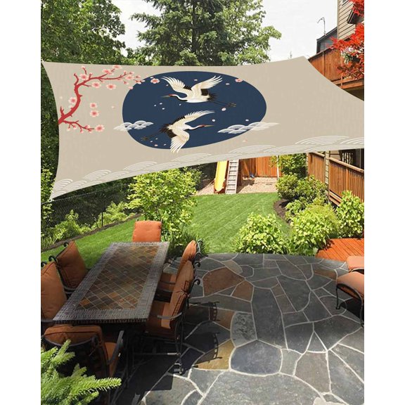 Pink Cherry Blossom Crane Sun Shade Sail 8'X10' Japanese Style Cloud Waves UV Block Outdoor Sail Shades Breathable Waterproof Rectangular Sunshade for Patio Garden Pool Pergola Porch