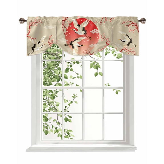 Pink Cherry Blossom Crane Tie Up Valances Curtain, Adjustable Kitchen Japanese Style Cloud Harmony Valances for Windows Decor, Rod Pocket Short Curtains Set for Bedroom/Bathroom, 42"x12"